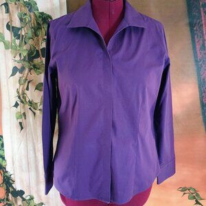 EUC Chico's Sz 2/L Purple Non-Iron Cotton Long Sleeve Button Down Blouse Top